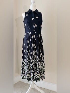 NWT Tommy Hilfiger Floral Sleeveless Pleated Midi Shirt Dress Navy 2